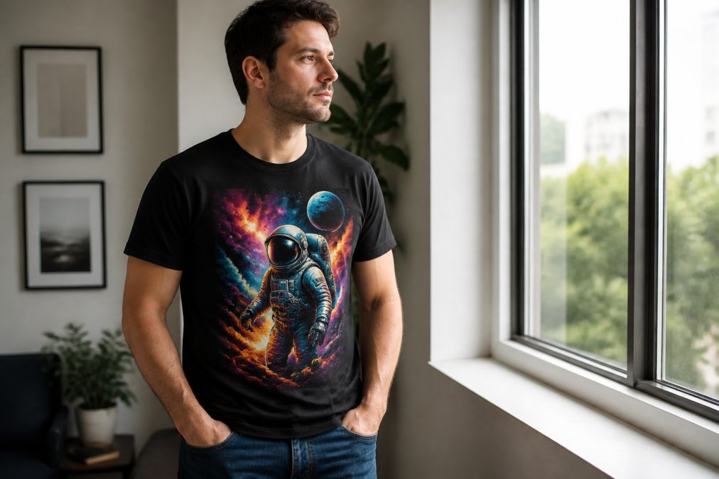 Person wearing a premium graphic tee in natural daylight near a window, showing the fit, comfort, and visual quality of the vibrant design clearly visible on soft fabric, paired with casual jeans
