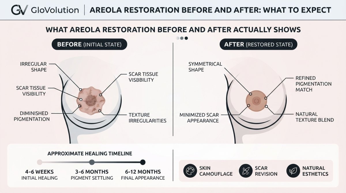 Professional illustration showing areola restoration before and after