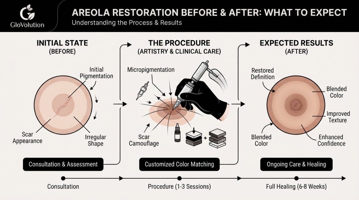 Professional illustration showing areola restoration before and after