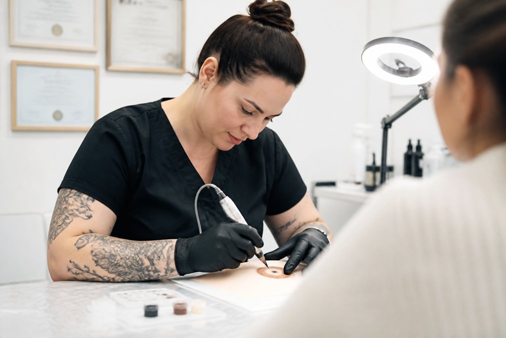 Close-up of a certified paramedical artist's hands holding a tattoo device over a practice surface in a bright, sterile studio environment, with framed certification documents visible on the wall in the background, clean clinical lighting