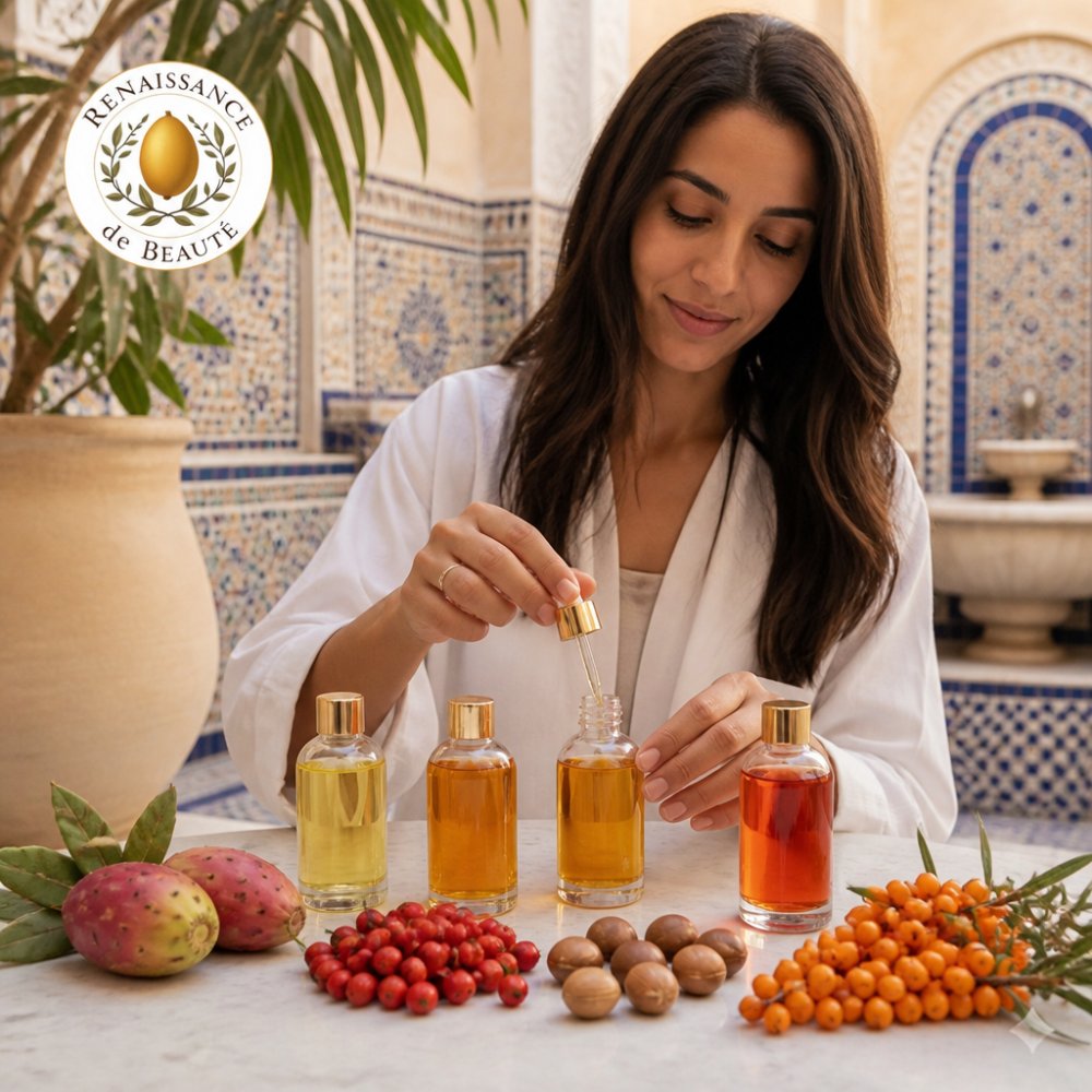 Overhead flat lay of five glass bottles containing golden, amber, and deep orange oils on a light marble surface with fresh botanicals including prickly pear fruit, rose hips, marula nuts, and sea buckthorn berries scattered nearby
