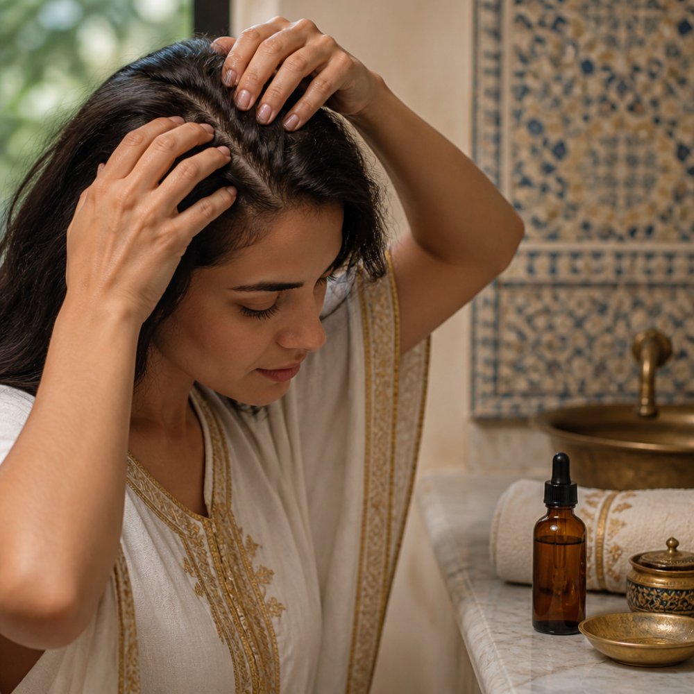 Woman applying golden argan oil for damaged hair and scalp to her parted scalp with fingertips