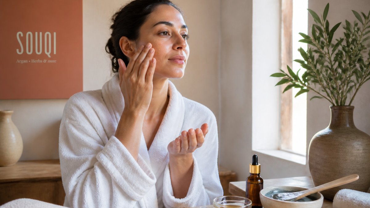 Close-up van schone handen die enkele druppels pure arganolie op gereinigde gezichtshuid aanbrengen met natuurlijk daglicht, minimalistische achtergrond