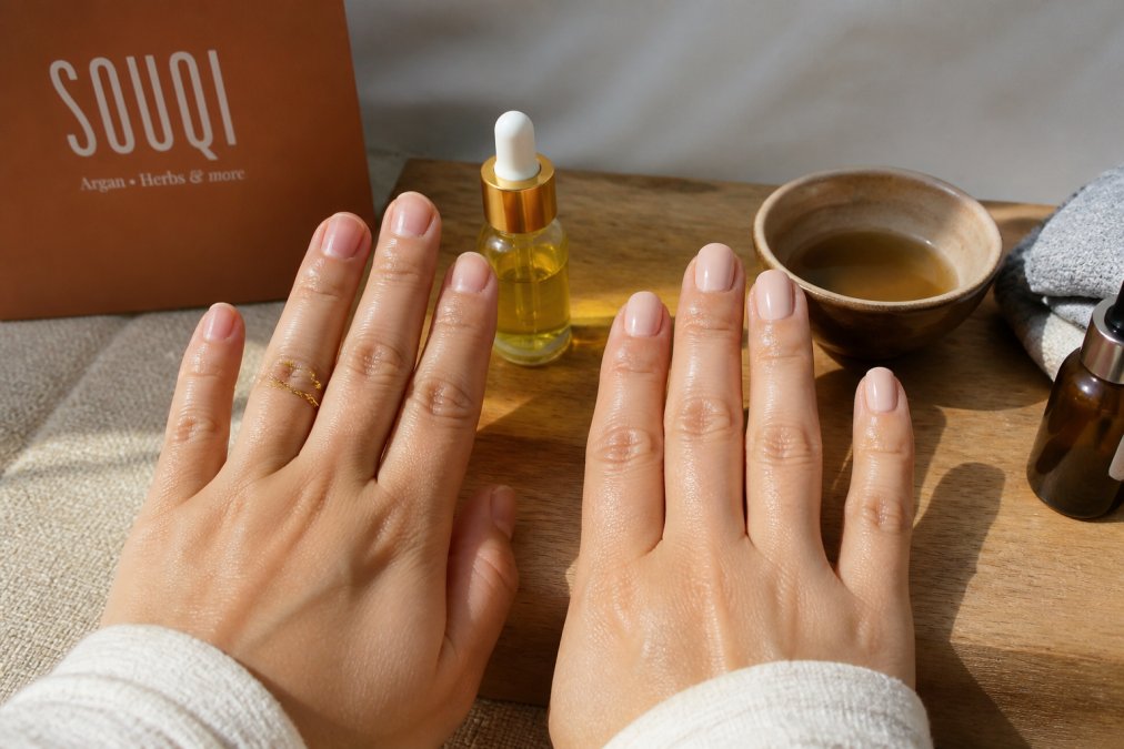 Twee handen naast elkaar, links blote nagels met arganolie, rechts gelnagels met olie op nagelriemen, in natuurlijk licht