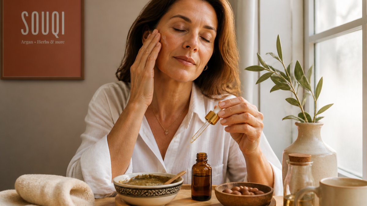 Vrouw boven de 40 die pure arganolie voorzichtig aanbrengt op haar gezicht met gesloten ogen, zacht natuurlijk ochtendlicht door raam, serene en zelfverzorgde uitdrukking