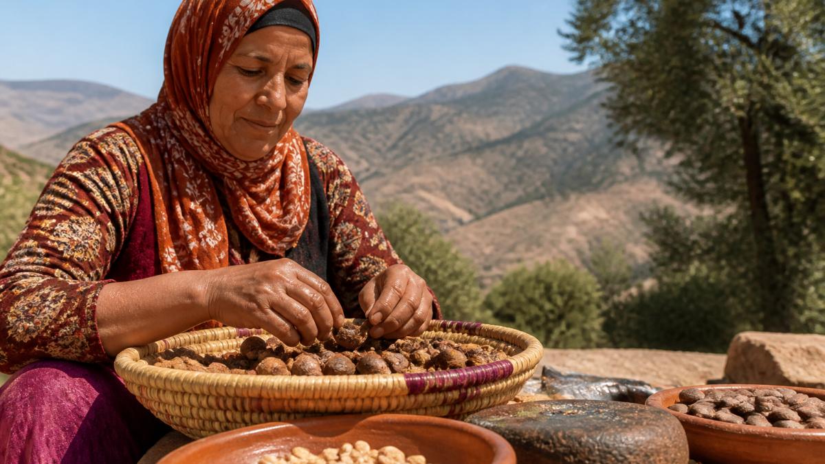 Marokkaanse vrouw die argannoten sorteert in een mand voor het traditionele verwerkingsproces in de bergen