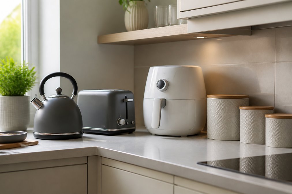 A bright modern kitchen countertop with a grey kettle and toaster set, a white air fryer and a row of storage canisters neatly arranged in a real home