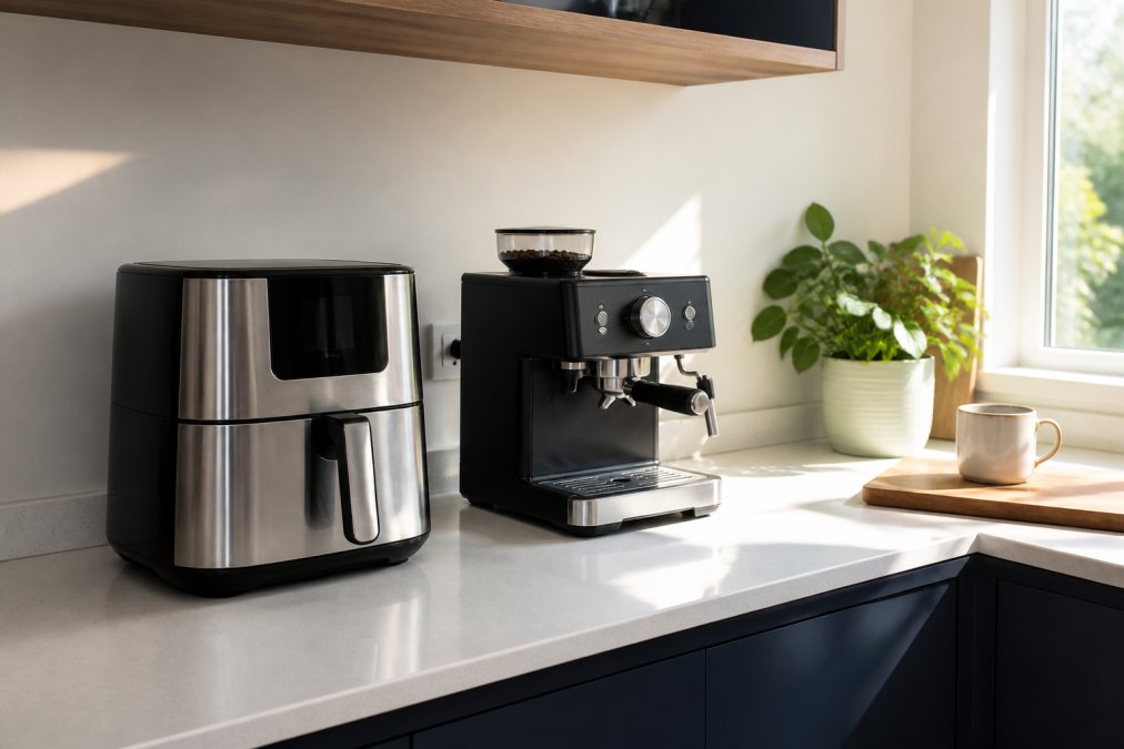 Modern compact kitchen with stainless steel air fryer and black espresso machine positioned on white countertop, sunlight streaming through window, small flat setting with minimal clutter