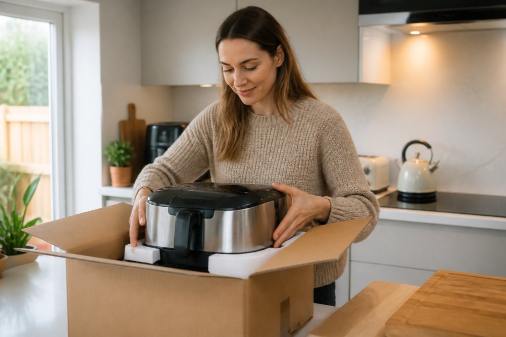 Person carefully unpacking modern stainless steel kitchen appliance from cardboard box at home, satisfied expression, bright natural lighting, modern flat kitchen visible in background