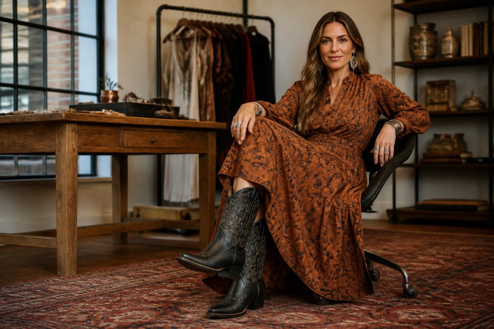 A fashion-forward woman wearing silver metallic cowboy boots with a bold midi dress and statement accessories, posed confidently in a stylish indoor setting with warm ambient lighting