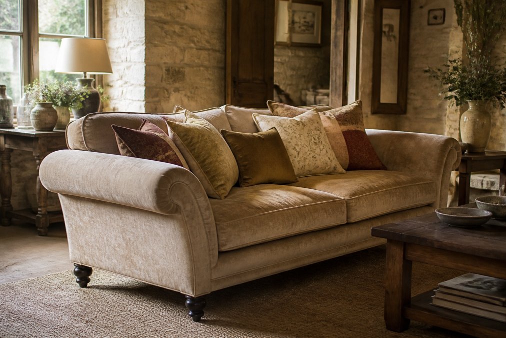 A beautifully styled living room featuring a classic handcrafted British sofa with plush scatter cushions, photographed in soft natural light to highlight the quality of the upholstery