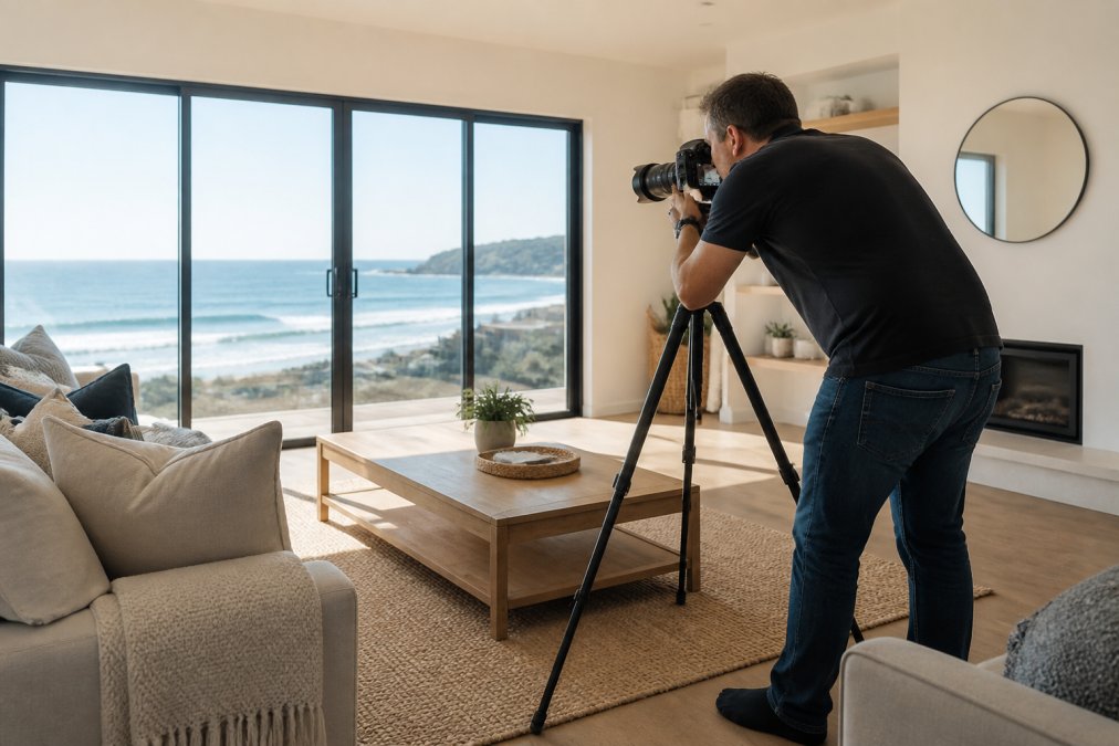 A professional photographer setting up a tripod and camera in a bright, stylish holiday let living room, large windows with natural light streaming in, contemporary furniture and neutral tones