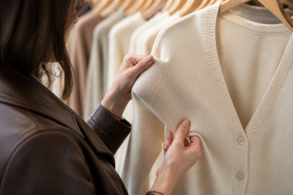 Close-up of hands examining fabric texture and weave on a cream-colored cardigan, fingers gently testing the stretch and softness of the knit material