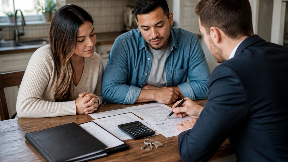 A young couple sitting at a kitchen table with a lender, reviewing loan paperwork and a calculator, keys and a folder of documents nearby