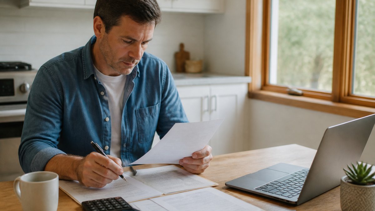 A homeowner sitting at a kitchen table reviewing mortgage paperwork and a laptop with a lender's website open, pen in hand, warm natural light coming through the window