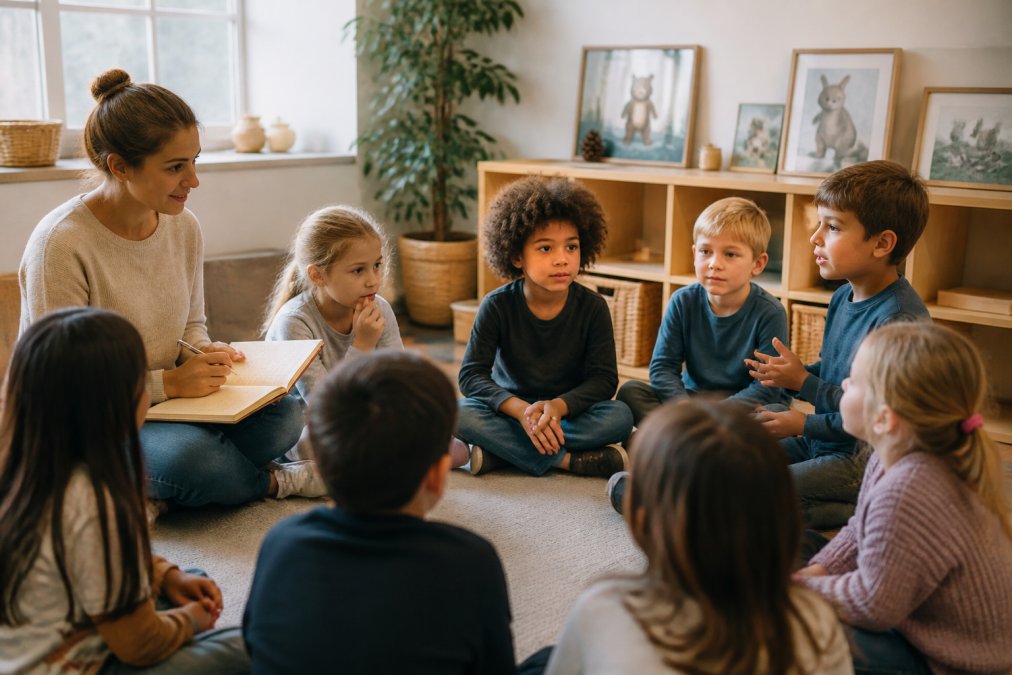 Barn i klasserommet som sitter i en ring og diskuterer følelser, med en pedagog som lytter oppmerksamt og noterer observasjoner