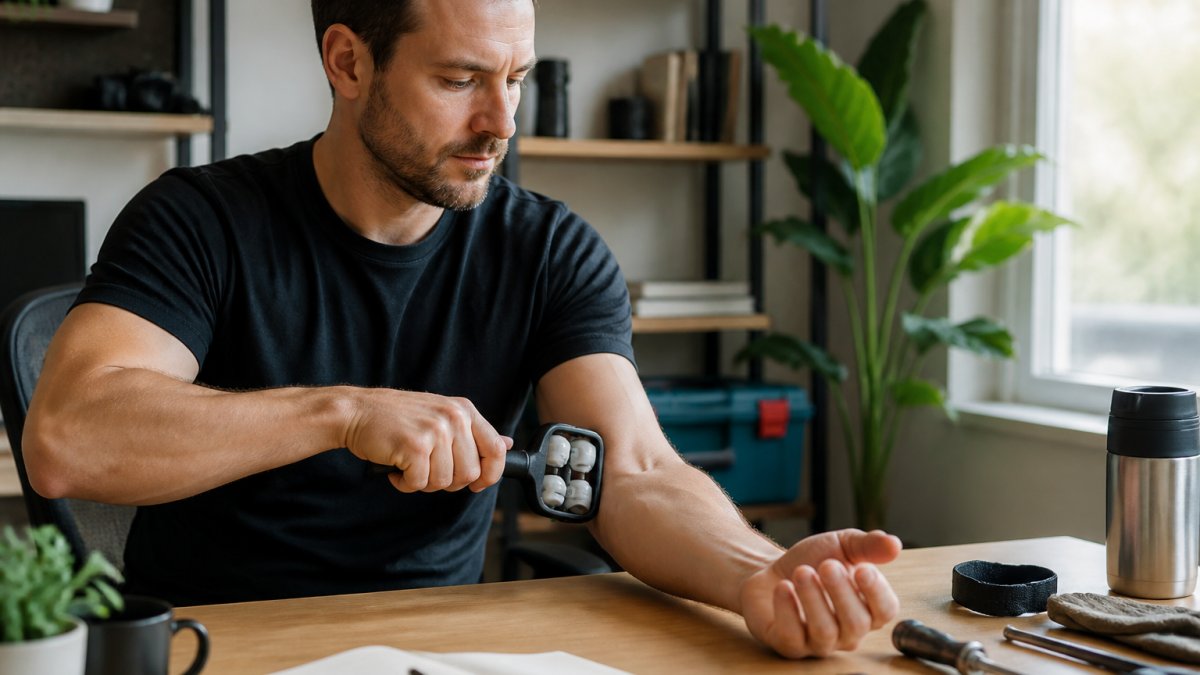 Person using a handheld manual massage roller on their forearm at a desk