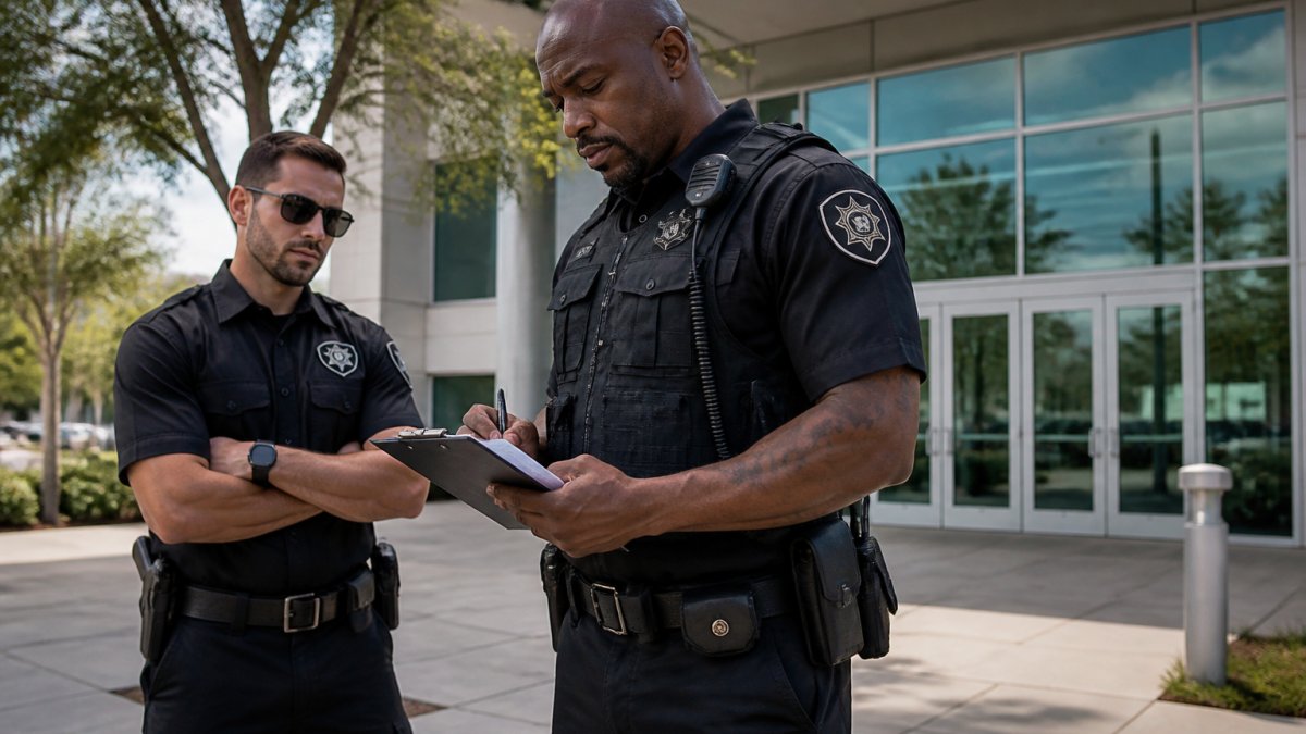 Professional armed security officer in tactical uniform reviewing site security protocols with clipboard and radio, standing outside modern commercial building with natural daylight