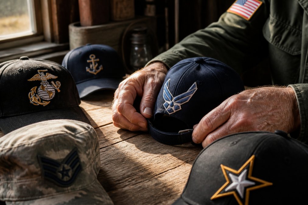 Close-up of embroidered military branch caps arranged on a weathered wooden table, a veteran's hands adjusting the strap of one cap, warm natural window light catching the raised stitching and emblem detail