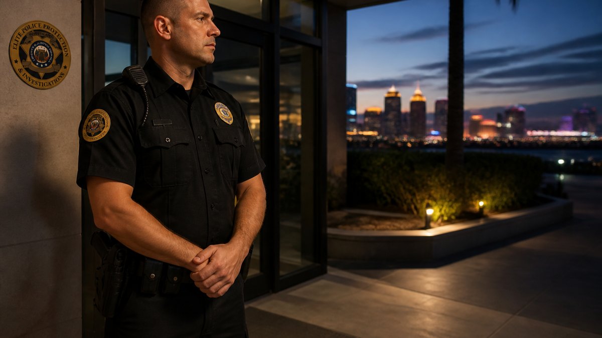 Uniformed armed guard in Las Vegas standing watch at a commercial property entrance at dusk