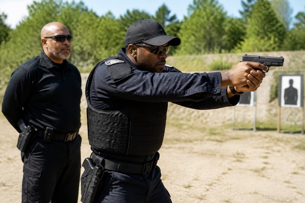 Armed security officer in professional uniform demonstrating proper firearm stance and handling technique at outdoor shooting range with targets visible in background, natural daylight