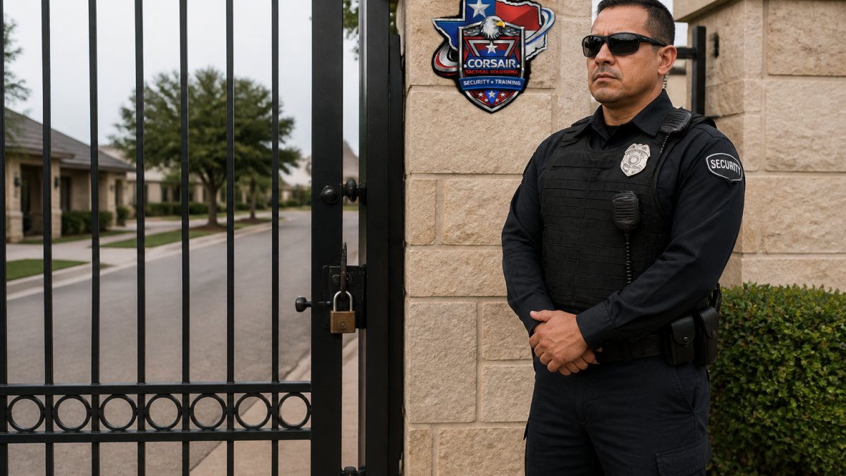 Professional armed security officer in uniform standing at gated residential community entrance with alert posture and visible badge