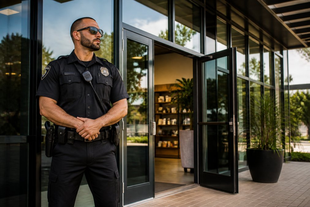 A professional armed security officer in a dark uniform with a badge standing post outside a modern commercial building entrance, scanning the area with a confident stance