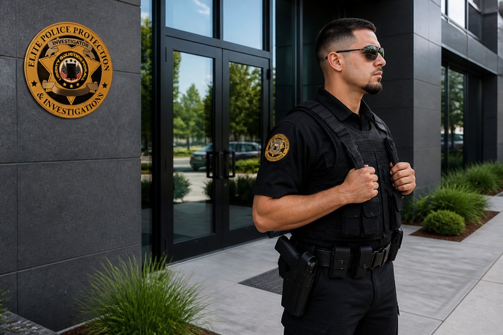 Uniformed armed security guard standing alert at a modern commercial building entrance during the day