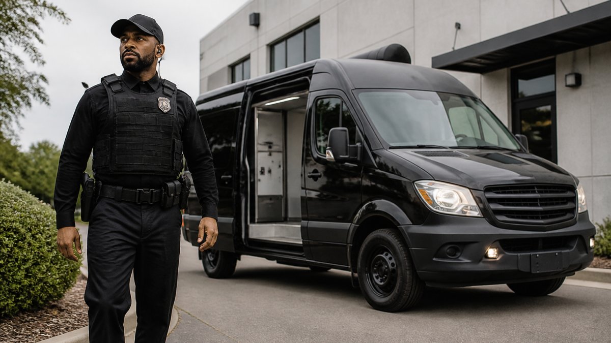 Professional armed security officer in uniform standing beside a marked transport vehicle with visible security features and professional branding, demonstrating readiness for cannabis transport operations