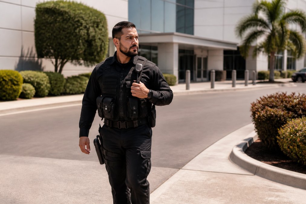 Professional security officer in tactical uniform conducting perimeter patrol at commercial property entrance during daylight, checking access points and monitoring grounds