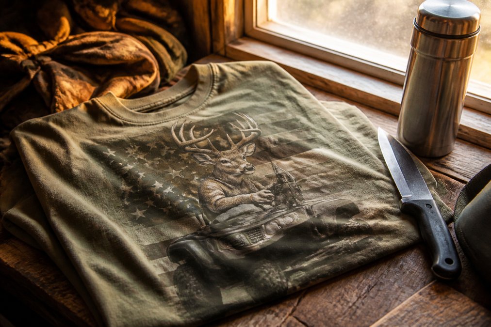 A close-up shot of a rugged, humorous hunting t-shirt laid out on a weathered wooden table next to a hunting knife and a steel thermos, warm morning light coming through a window