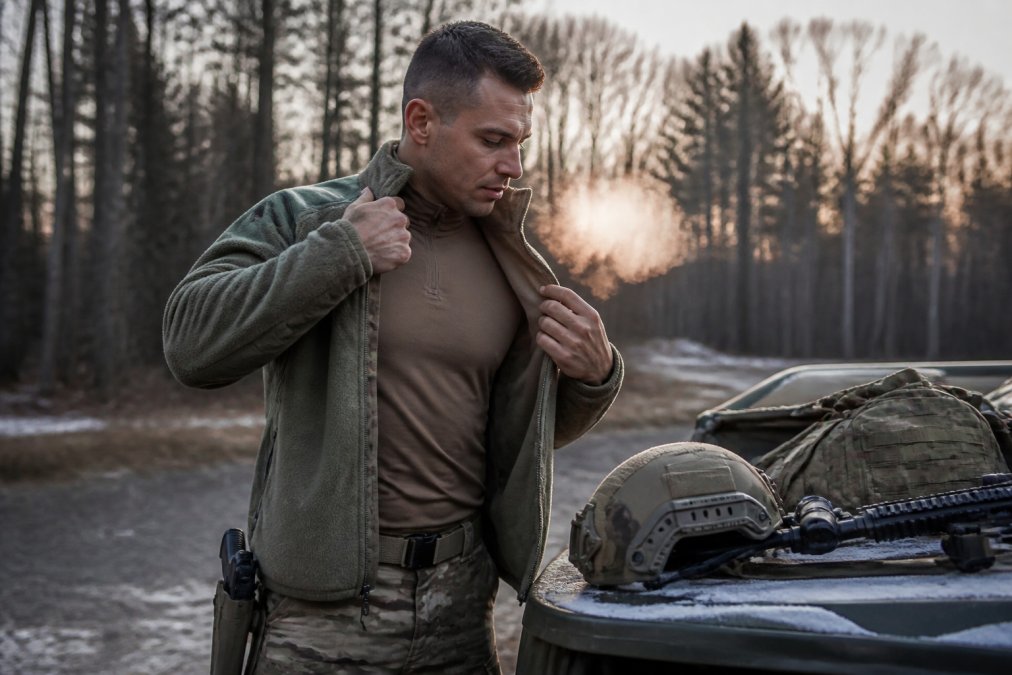 A soldier in field gear adjusting a base layer shirt under a fleece jacket in cold outdoor conditions, with breath visible in the air and tactical equipment nearby