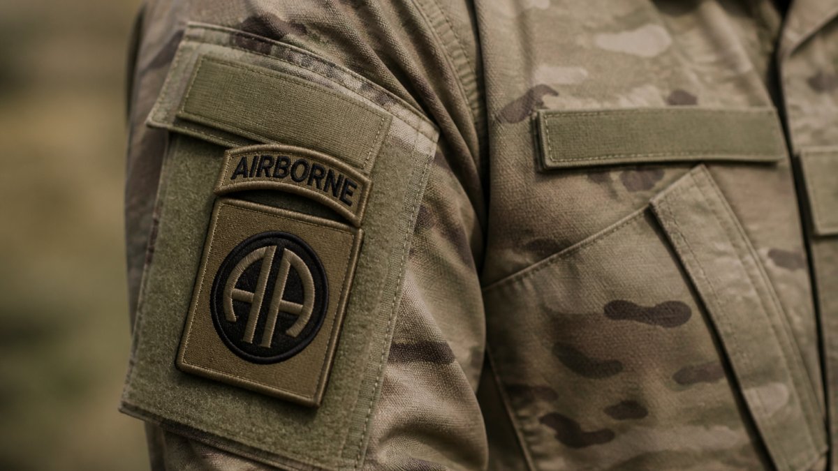 Close-up of a soldier's uniform sleeve showing multiple patches including shoulder sleeve insignia, airborne tab, and name tape arranged on olive drab fabric with visible stitching and velcro backing