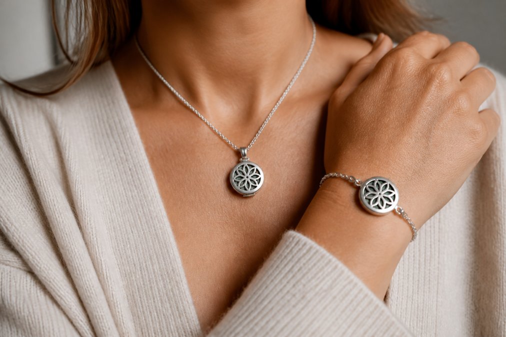 Infographic showing how to wear an aroma medallion necklace and matching diffuser bracelet for aromatherapy.