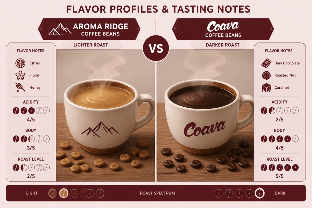 Two ceramic cups filled with freshly brewed coffee side by side, one containing lighter-roasted Aroma Ridge beans with visible golden crema, the other darker-roasted Coava beans with deeper mahogany color, steam rising gently, set on a wooden tasting table with whole beans scattered nearby