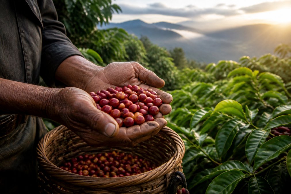 Weathered hands of a coffee farmer holding freshly picked red coffee cherries above a woven basket, with lush green coffee plants and misty mountain landscape blurred in the background, golden hour sunlight filtering through the canopy