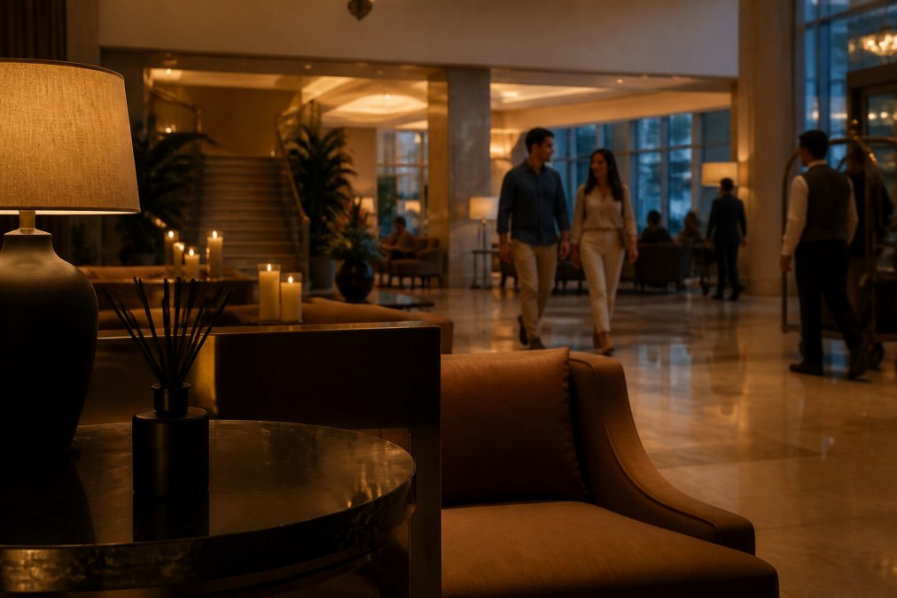 Stijlvolle hotellobby met een subtiele geurverspreider op een bijzettafel, gasten lopen ontspannen rond in warme avondverlichting