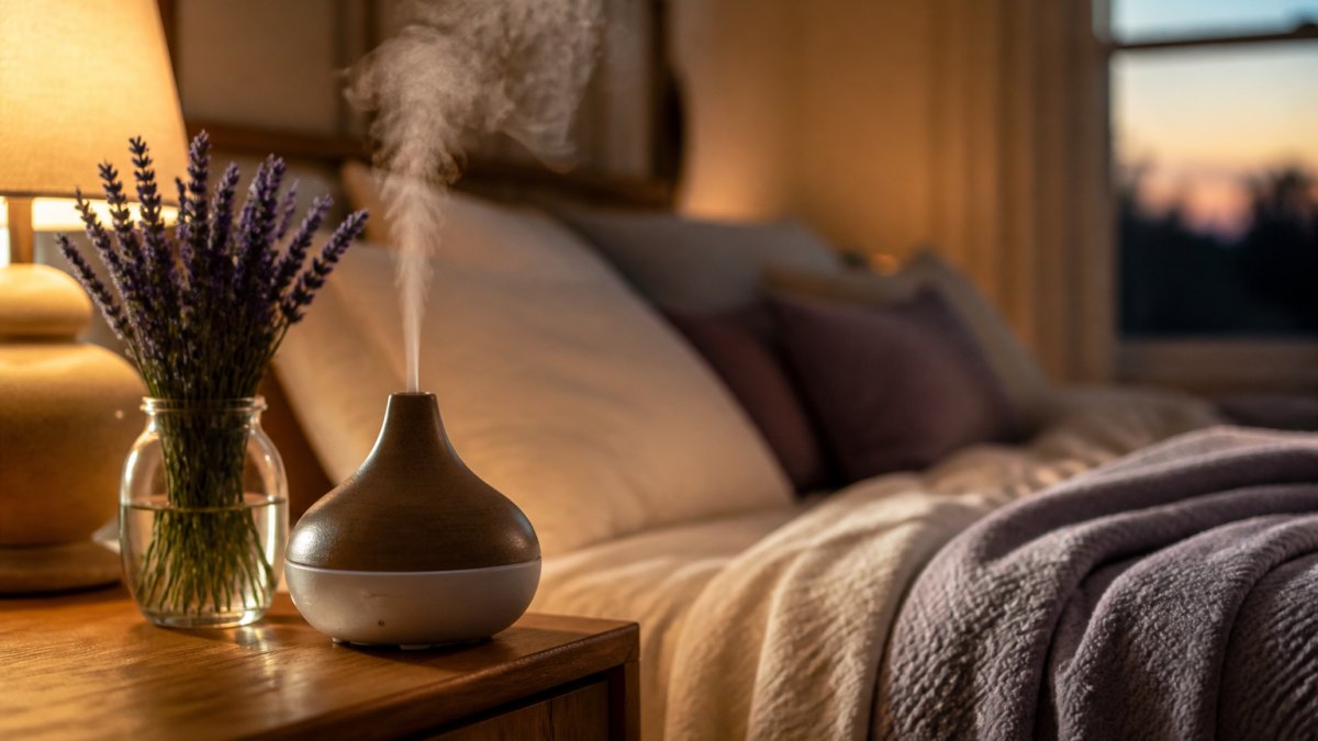 Ceramic diffuser misting lavender in a cozy bedroom to enhance aromatherapy benefits for home environment.