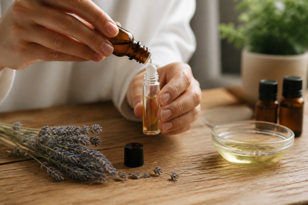 Close-up of hands pouring essential oil from a small amber bottle into a glass rollerball, with dried lavender sprigs and a small bowl of carrier oil on a wooden table, soft natural light