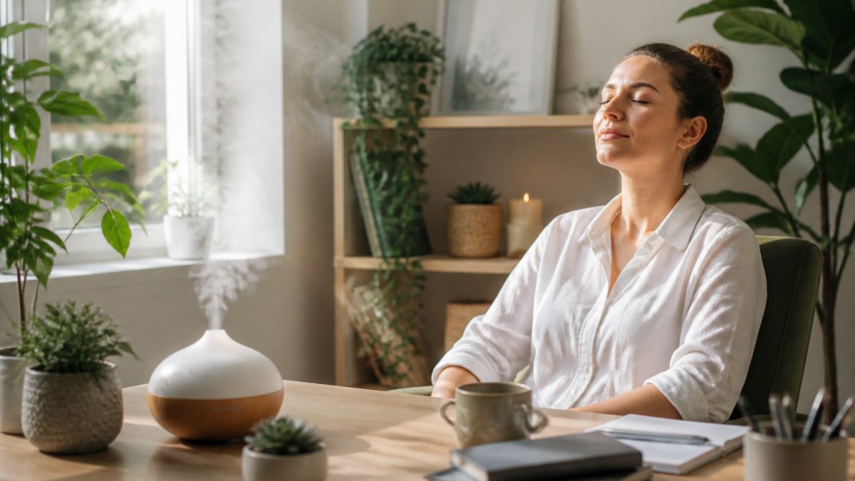 A serene home office workspace with a diffuser on the desk releasing gentle mist, soft natural light streaming through a window, a person sitting peacefully with eyes closed, surrounded by plants and calming decor