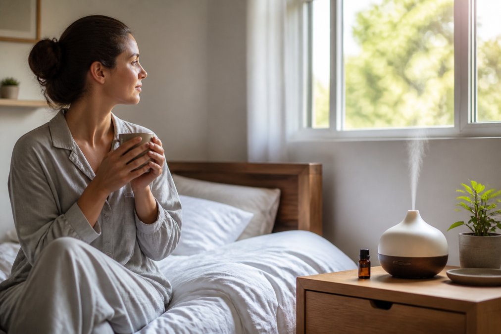 Person sitting by a nightstand with an essential oil diffuser during a peaceful morning routine for aromatherapy for stress