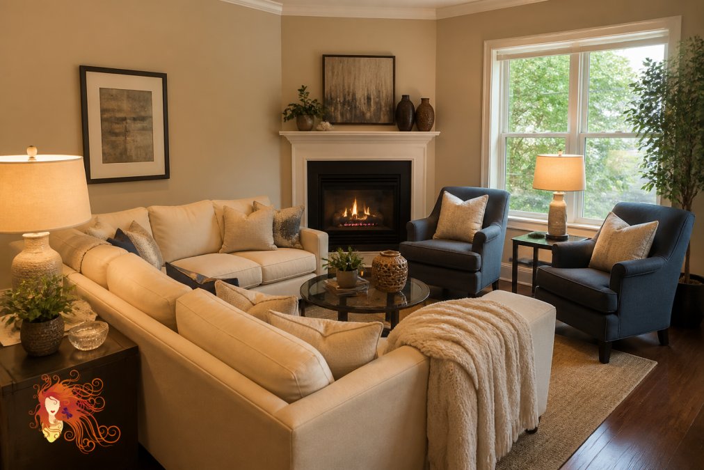 A well-lit living room with a corner fireplace in warm tones, a sectional sofa angled toward the fireplace with cream-colored upholstery, two accent chairs positioned across from the sofa creating a conversation area, a glass-top side table between seating pieces, and warm ambient lighting from table lamps