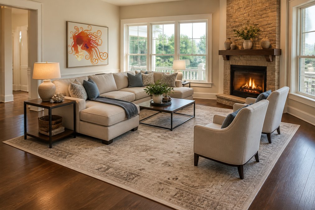 A spacious living room with a corner fireplace in natural light, a large area rug in neutral tones anchoring a seating zone with a sectional sofa and two accent chairs positioned within the rug boundaries, clear traffic flow paths visible around the perimeter of the rug, side tables with lamps on either side, and the fireplace creating warm ambient light