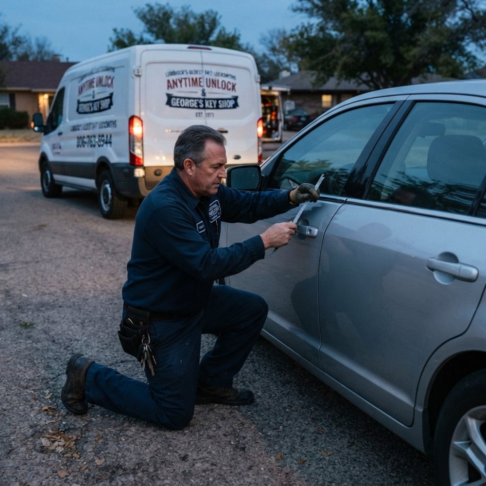 A locksmith technician in a work uniform kneeling beside a sedan door at dusk, holding a slim jim tool, with a marked service van idling behind him
