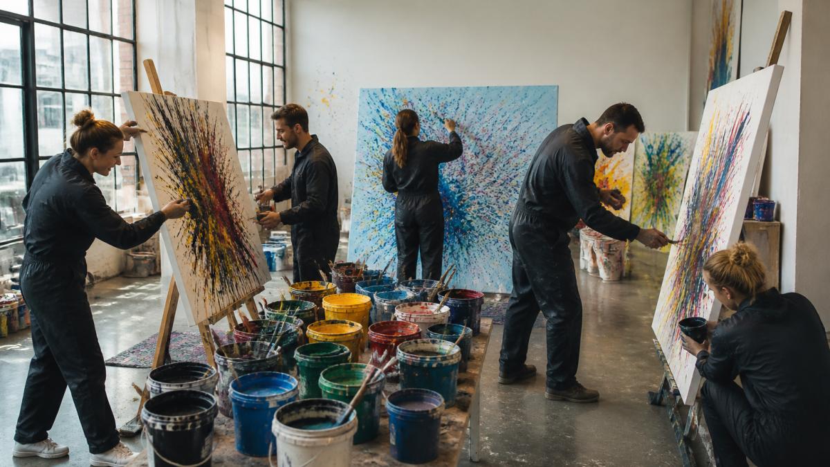 Gruppe von Menschen beim Action Painting mit Acrylfarben, die gemeinsam an Leinwänden arbeiten, mit Farbe und kreativen Gesten in einem hellen Atelier