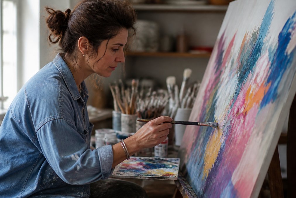 Person with focused expression creating abstract artwork at canvas with paintbrush, natural light illuminating their hands and the vibrant colors on the palette