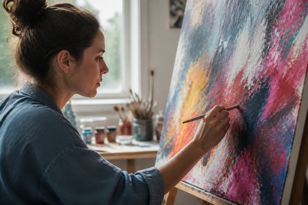 Artist's hands holding paintbrush mid-stroke on canvas with vibrant abstract colors, natural window light casting warm shadows, showing absorbed focus and calm expression