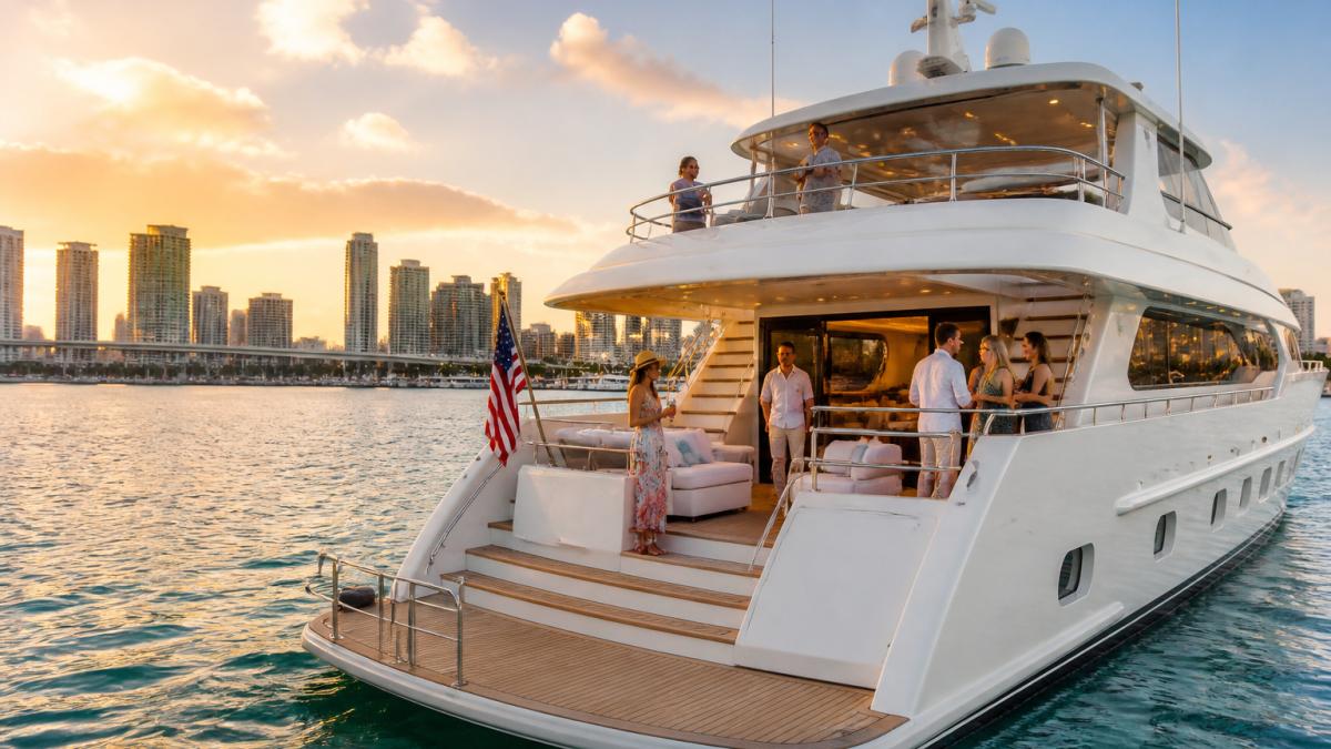 Sleek superyacht with guests on the deck near the Miami skyline at sunset
