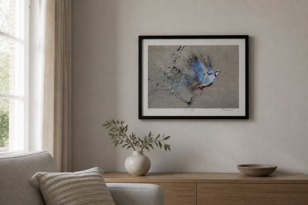 Infographic showcasing wildlife gifts alternatives through a framed pheasant print styled in a contemporary living room.
