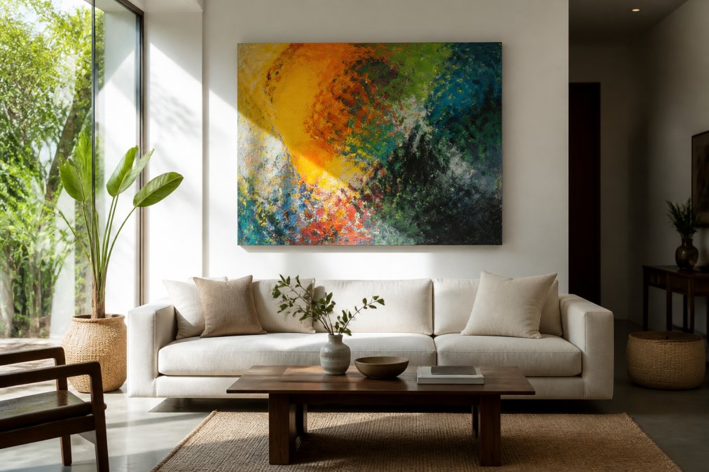 A bright, modern living room with a single large, colorful original painting hanging above a minimalist sofa, natural light streaming in from a nearby window